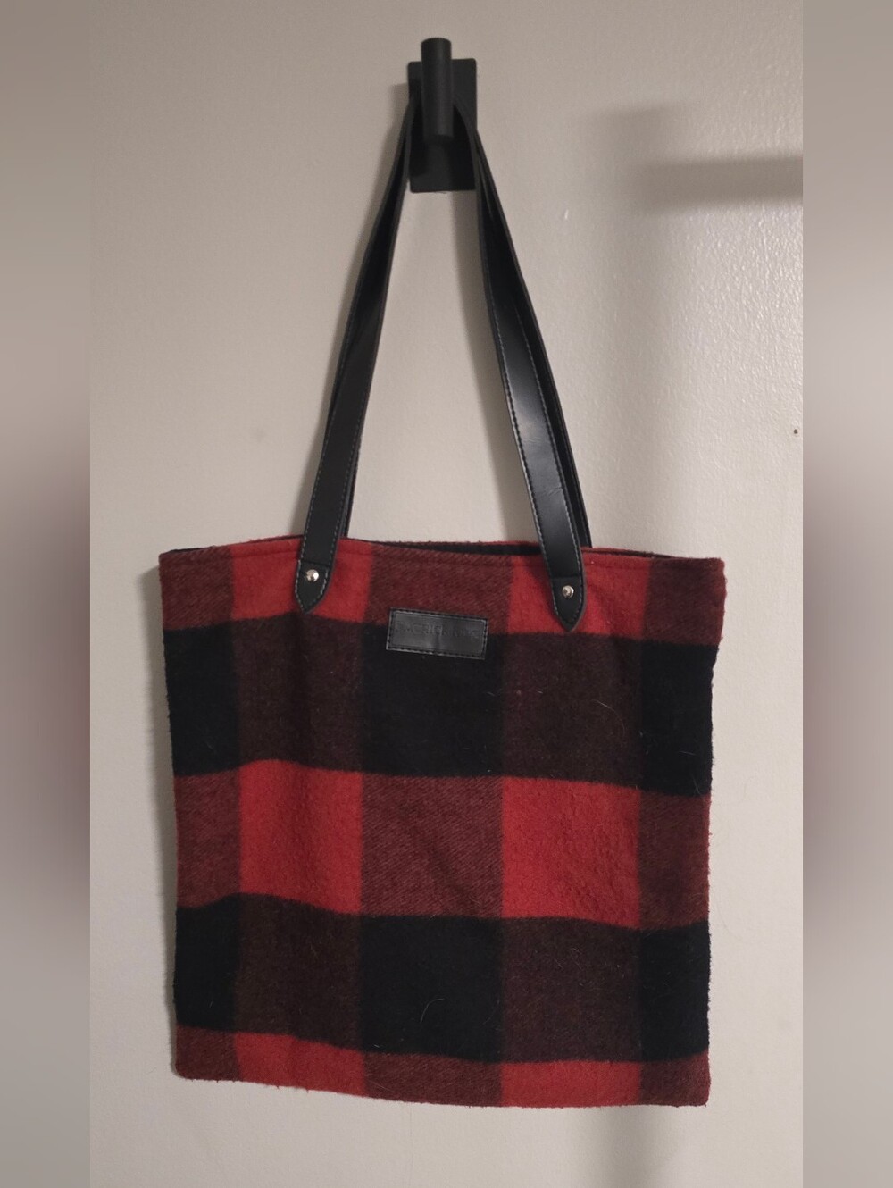 Patrick Kins Plaid Red & Black Wool Tote Bag with Black Handles